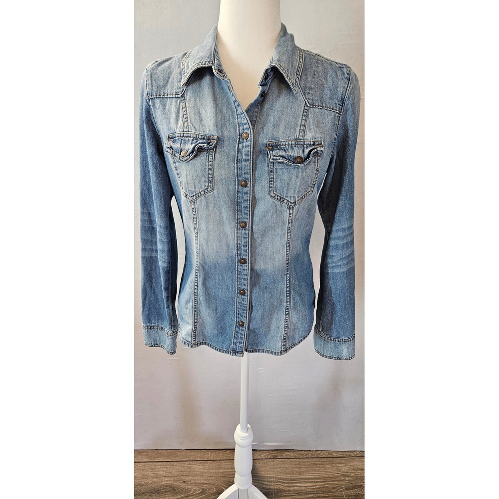 Guess Mens Light Wash Denim Western Button Down Shirt Medium W43HA1D1C71